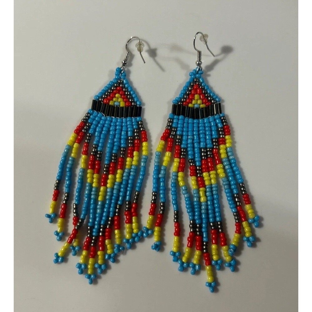 Handmade Boho Southwestern Style Beaded Fringe Dangle Earrings Tassel Festival